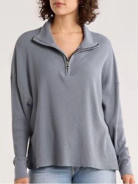 NWT James Perse Women's Waffle Knit Zip-Neck Pullover Sweater - Gray